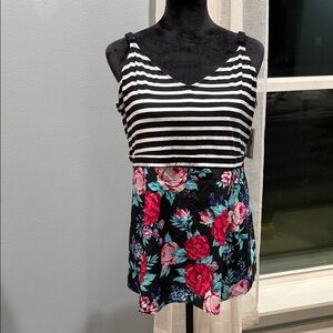 Torrid Black and White Striped Floral Tank Top